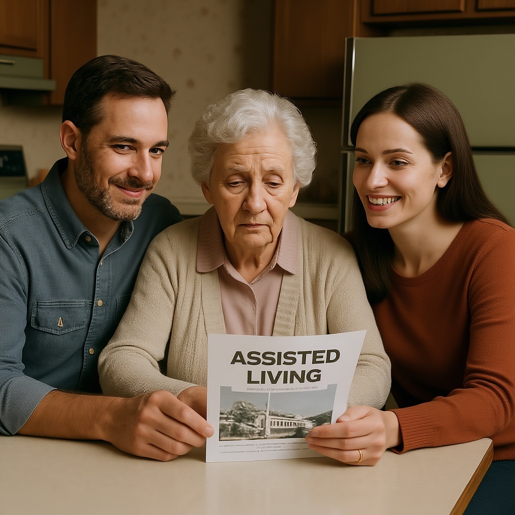 Mom and adult children thinking about moving mom to assisted living.
